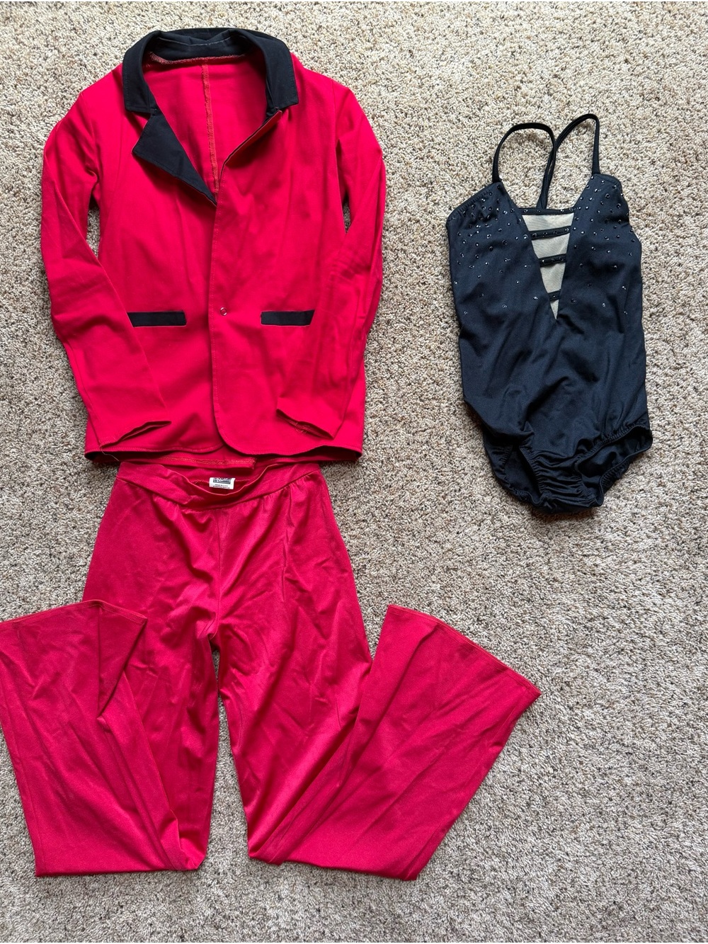 Kelle Large Child Red Jazz Dance Costume Set Blazer Pants & Rhinestone Leotard